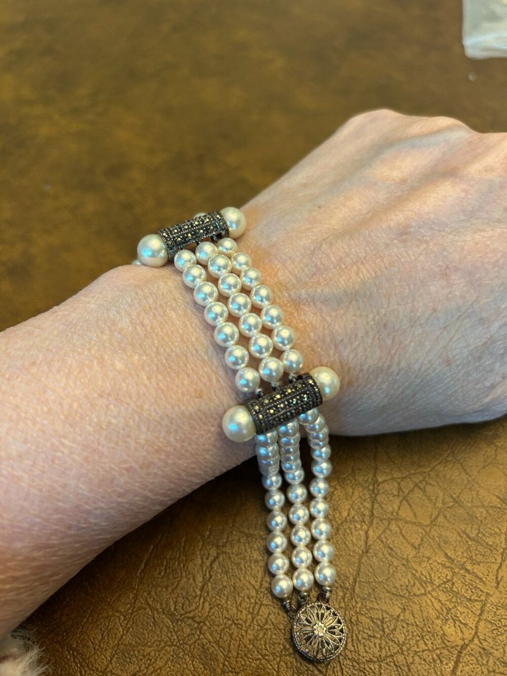 Vintage Triple Strand Pearl and Marcasite Bracelet